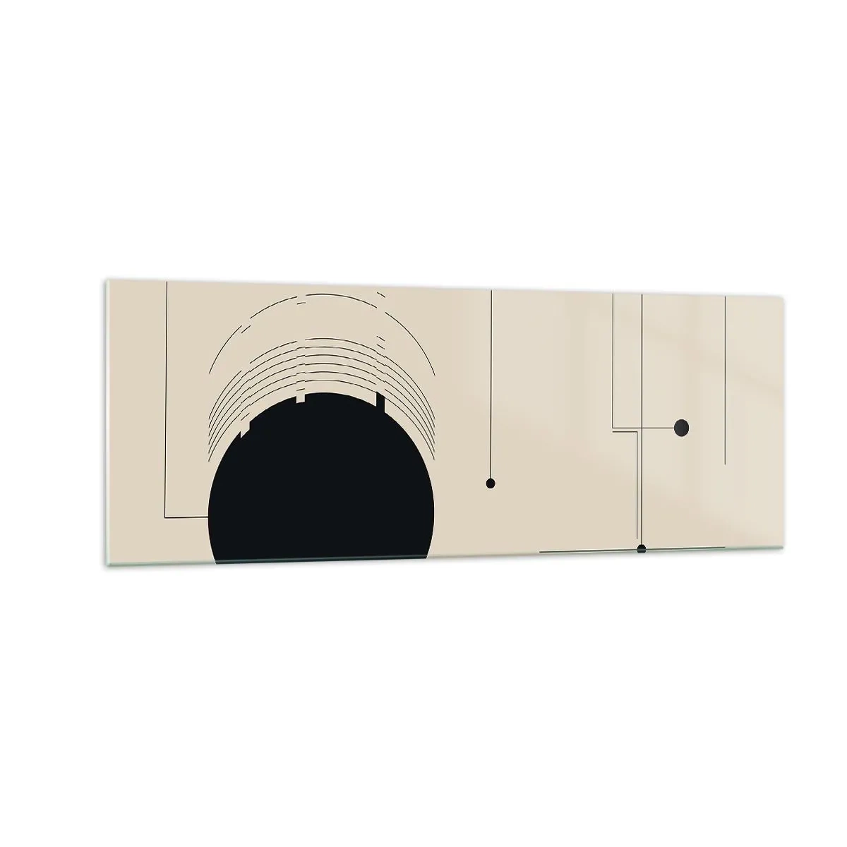 Cuadro sobre vidrio - Impresiones sobre Vidrio - Líneas geométricas negras y un círculo sobre un fondo beige. - 140x50cm - Composición elástica y dinámica - Decoración de pared moderna para salón y dormitorio ARTTOR