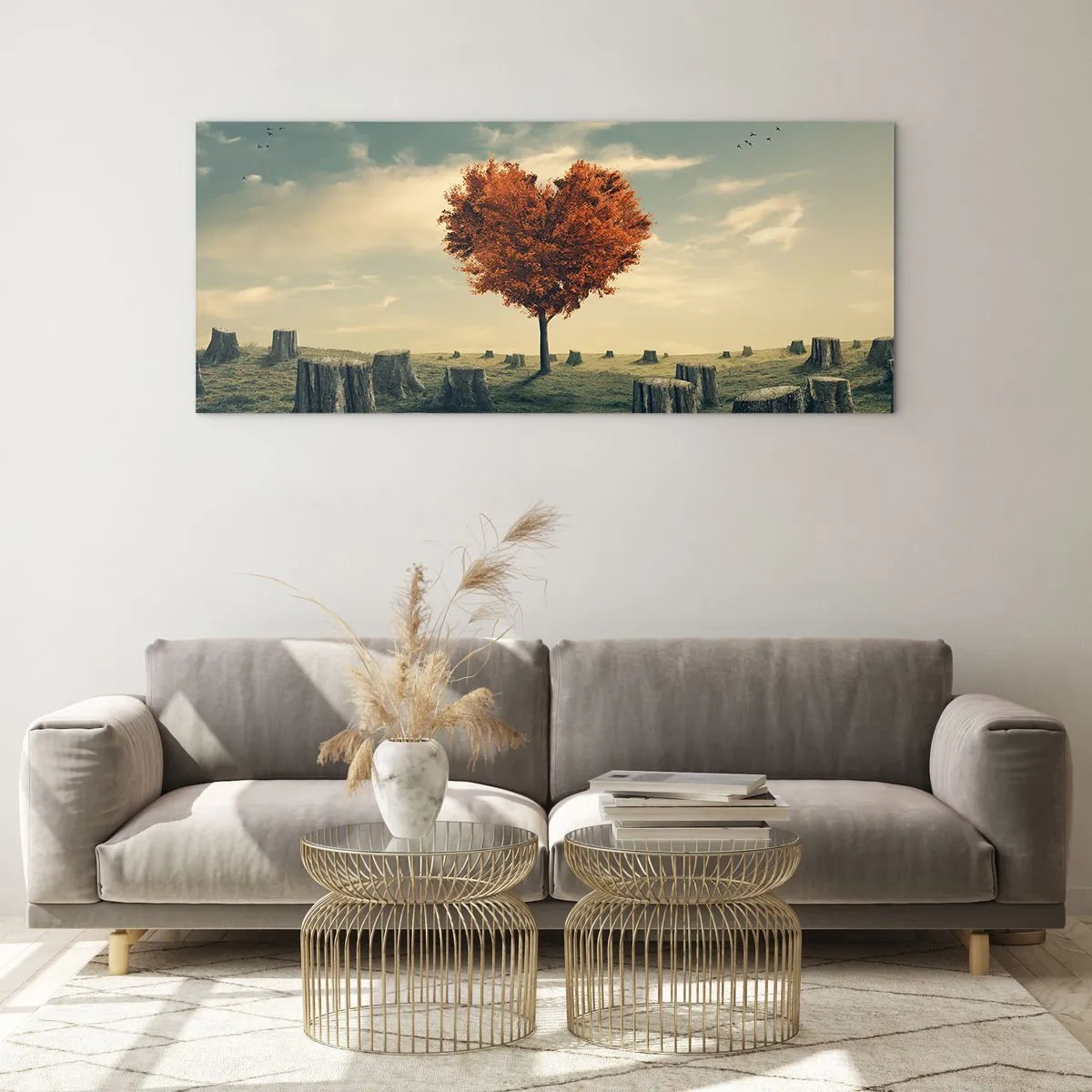 Cuadro sobre vidrio - Impresiones sobre Vidrio - Un árbol en forma de corazón en un campo de tocones, símbolo de esperanza. - 140x50cm - Todavía hay esperanza - Decoración de pared moderna para salón y dormitorio ARTTOR