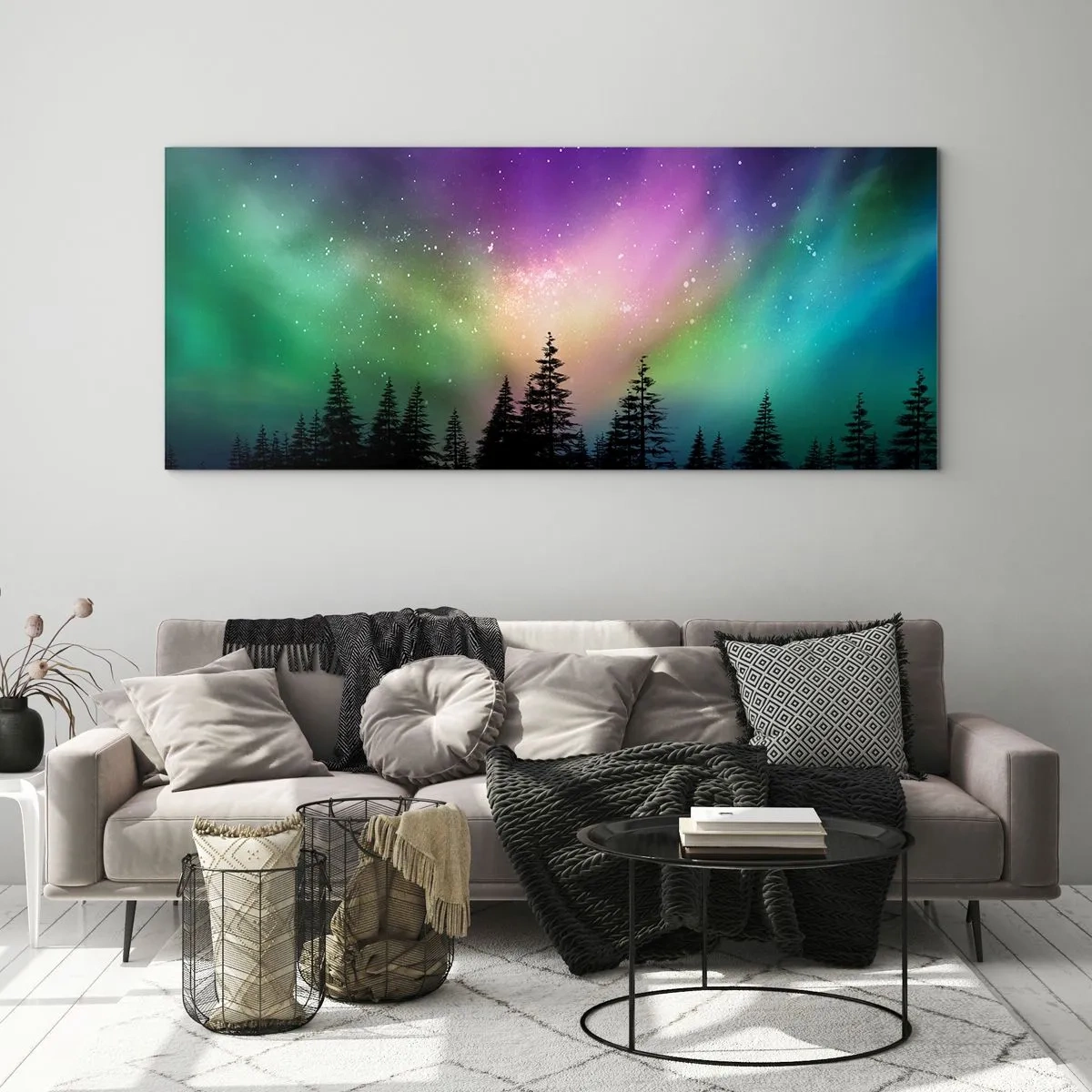 Cuadro sobre vidrio - Impresiones sobre Vidrio - Aurora boreal sobre un bosque con cielo estrellado - 160x50cm - Magia blanca - Decoración de pared moderna para salón y dormitorio ARTTOR