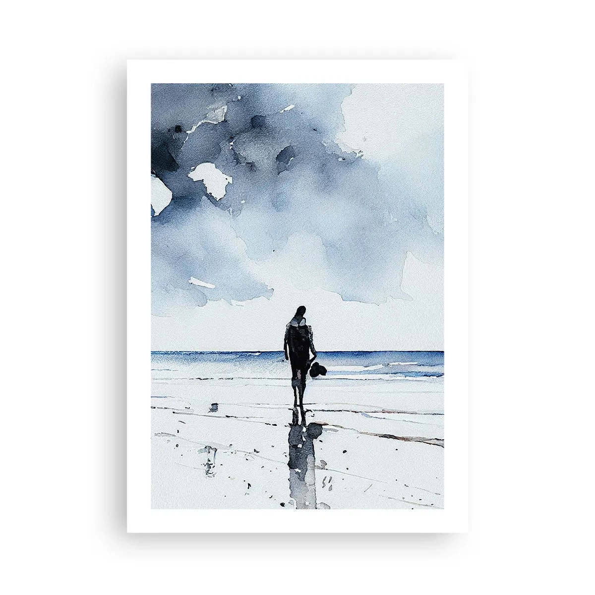 Póster - Paisaje de acuarela con una figura en la playa. - 50x70cm - Conversación con el mar - Decoración de pared moderna para salón y dormitorio ARTTOR