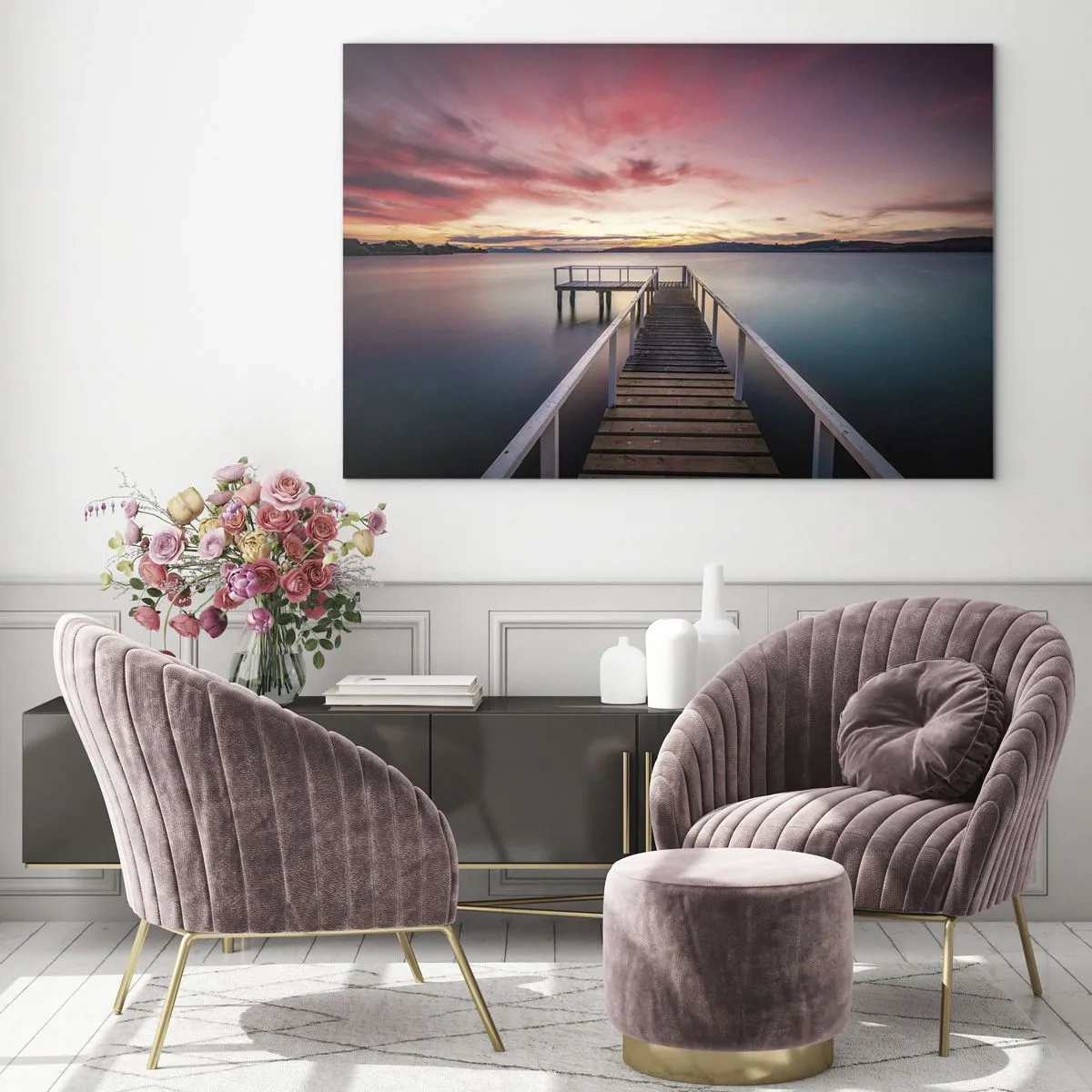 Cuadro sobre vidrio - Impresiones sobre Vidrio - Muelle junto al lago al atardecer con un cielo rosado - 120x80cm - La suave llama del atardecer - Decoración de pared moderna para salón y dormitorio ARTTOR