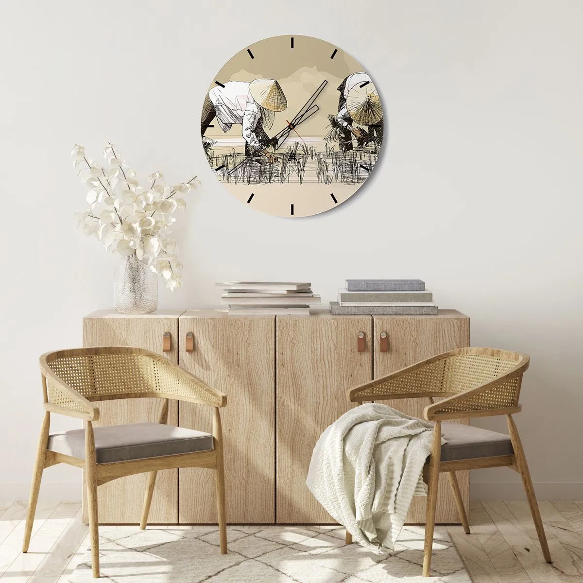 Reloj de pared - Reloj de vidrio - Un motivo de dibujos animados de agricultores trabajando en un campo de arroz en tonos beige. - 30x30cm - De una cosecha exitosa - Decoración de pared moderna para salón, cocina y dormitorio ARTTOR