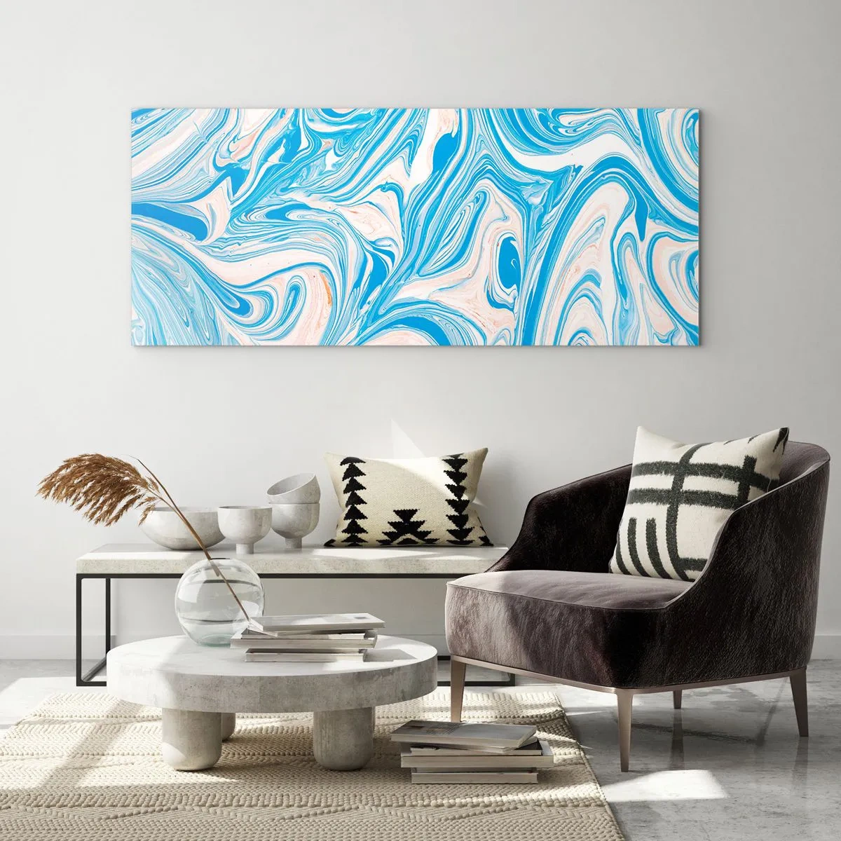 Cuadro sobre vidrio - Impresiones sobre Vidrio - Remolinos abstractos de estilo mármol azul y blanco - 140x50cm - Llanura de inundación turquesa - Decoración de pared moderna para salón y dormitorio ARTTOR