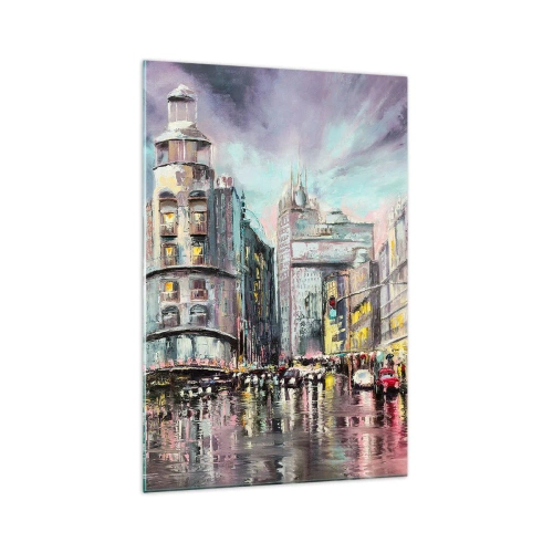 Cuadro sobre vidrio - Impresiones sobre Vidrio - Vista nocturna de la ciudad con reflejos en la calle mojada. - 70x100cm - Va a ser una buena noche - Decoración de pared moderna para salón y dormitorio ARTTOR