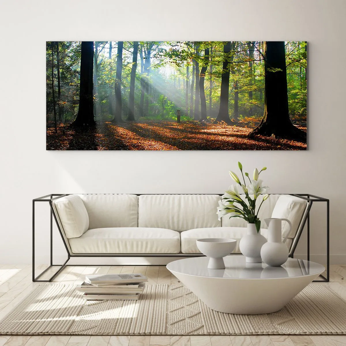 Cuadro sobre vidrio - Impresiones sobre Vidrio - Un claro del bosque iluminado por los rayos del sol. - 160x50cm - Resplandores y sombras - Decoración de pared moderna para salón y dormitorio ARTTOR