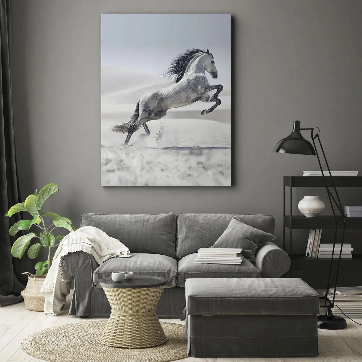 Cuadro sobre lienzo - Impresión de Imagen - Un caballo blanco galopando con las dunas del desierto como telón de fondo. - 70x100cm - Un príncipe árabe - Decoración de pared moderna para salón y dormitorio ARTTOR