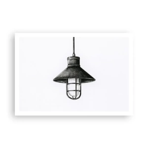Póster - Dibujo de una lámpara colgante retro sobre fondo blanco. - 100x70cm - Como hace años... - Decoración de pared moderna para salón y dormitorio ARTTOR