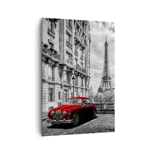 Cuadro sobre lienzo - Impresión de Imagen - Un coche rojo con la Torre Eiffel al fondo en un entorno en blanco y negro. - 70x100cm - Un depredador en la ciudad - Decoración de pared moderna para salón y dormitorio ARTTOR