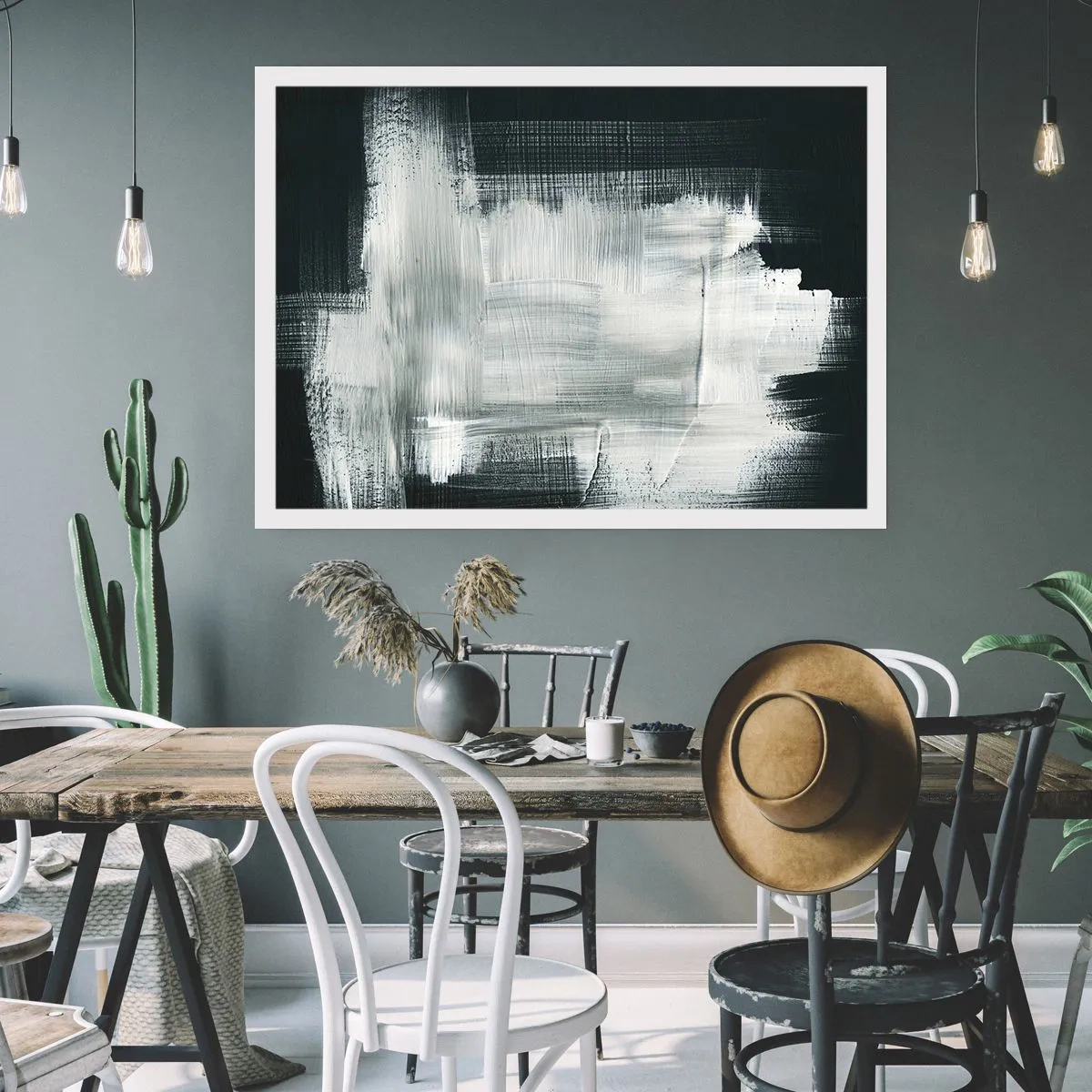 Póster - Trazos abstractos blancos sobre un fondo oscuro - 100x70cm - Tejido vertical y horizontal - Decoración de pared moderna para salón y dormitorio ARTTOR