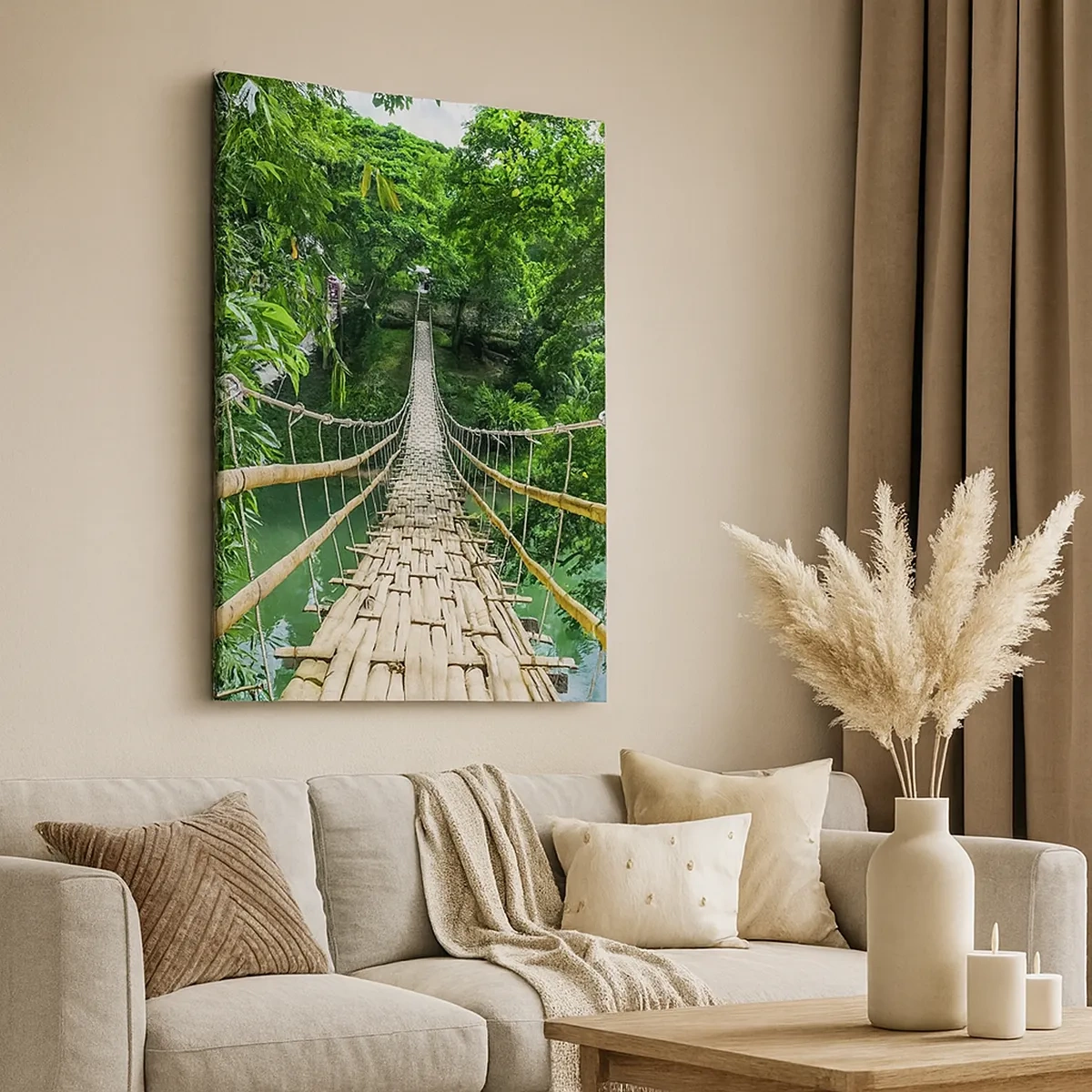 Cuadro sobre lienzo - Impresión de Imagen - Un puente colgante de bambú rodeado de vegetación. - 50x70cm - Puente colgante sobre la vegetación - Decoración de pared moderna para salón y dormitorio ARTTOR