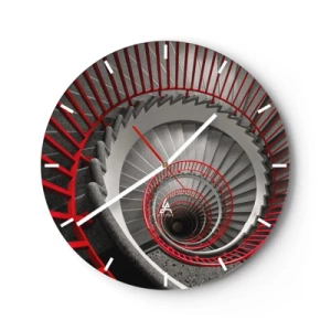 Reloj de pared - Reloj de vidrio - Perspectiva de la escalera de caracol con pasamanos rojos. - 30x30cm - Juegos arquitectónicos - Decoración de pared moderna para salón, cocina y dormitorio ARTTOR