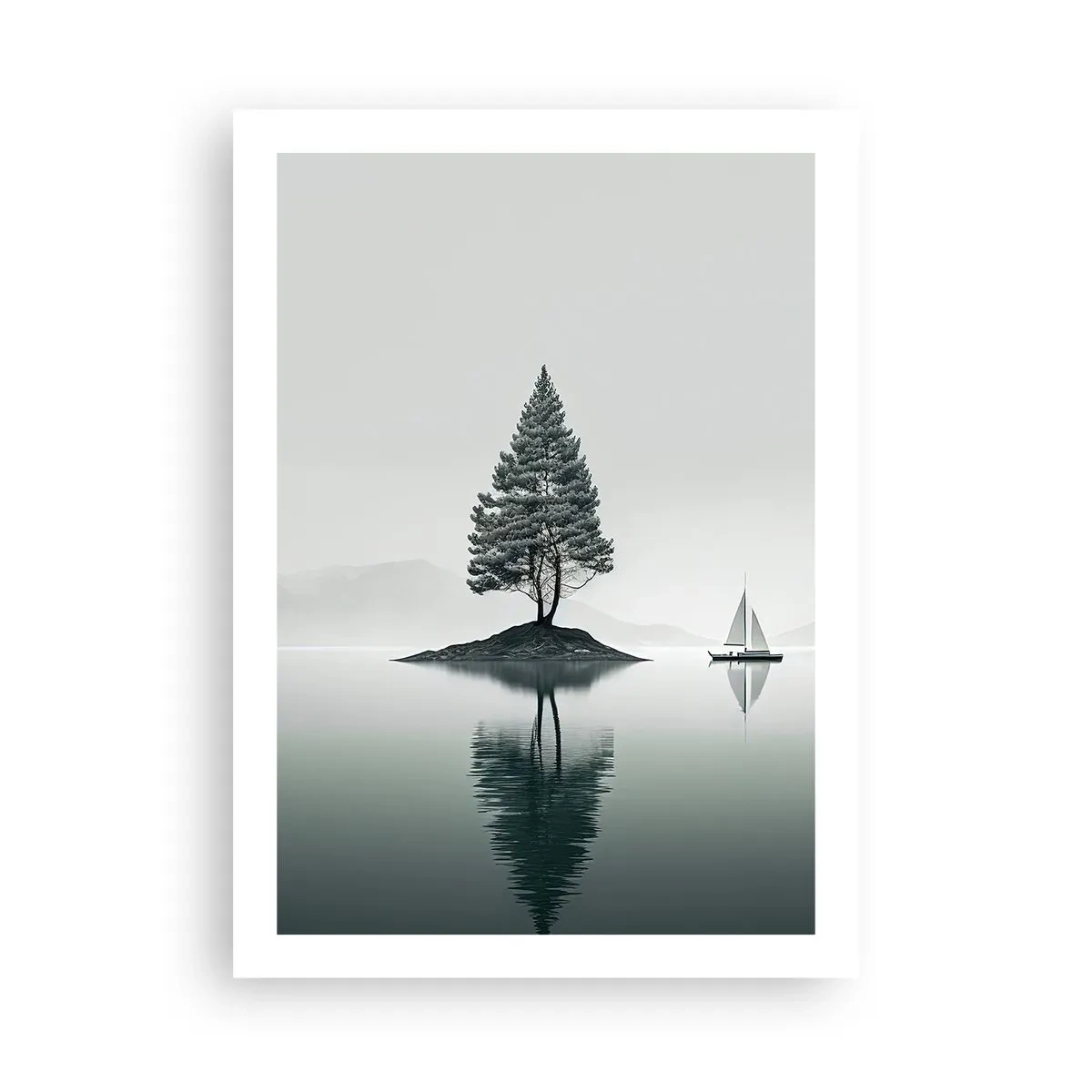 Póster - Un árbol solitario en una isla con un reflejo en el agua. - 50x70cm - Un sueño hecho realidad - Decoración de pared moderna para salón y dormitorio ARTTOR
