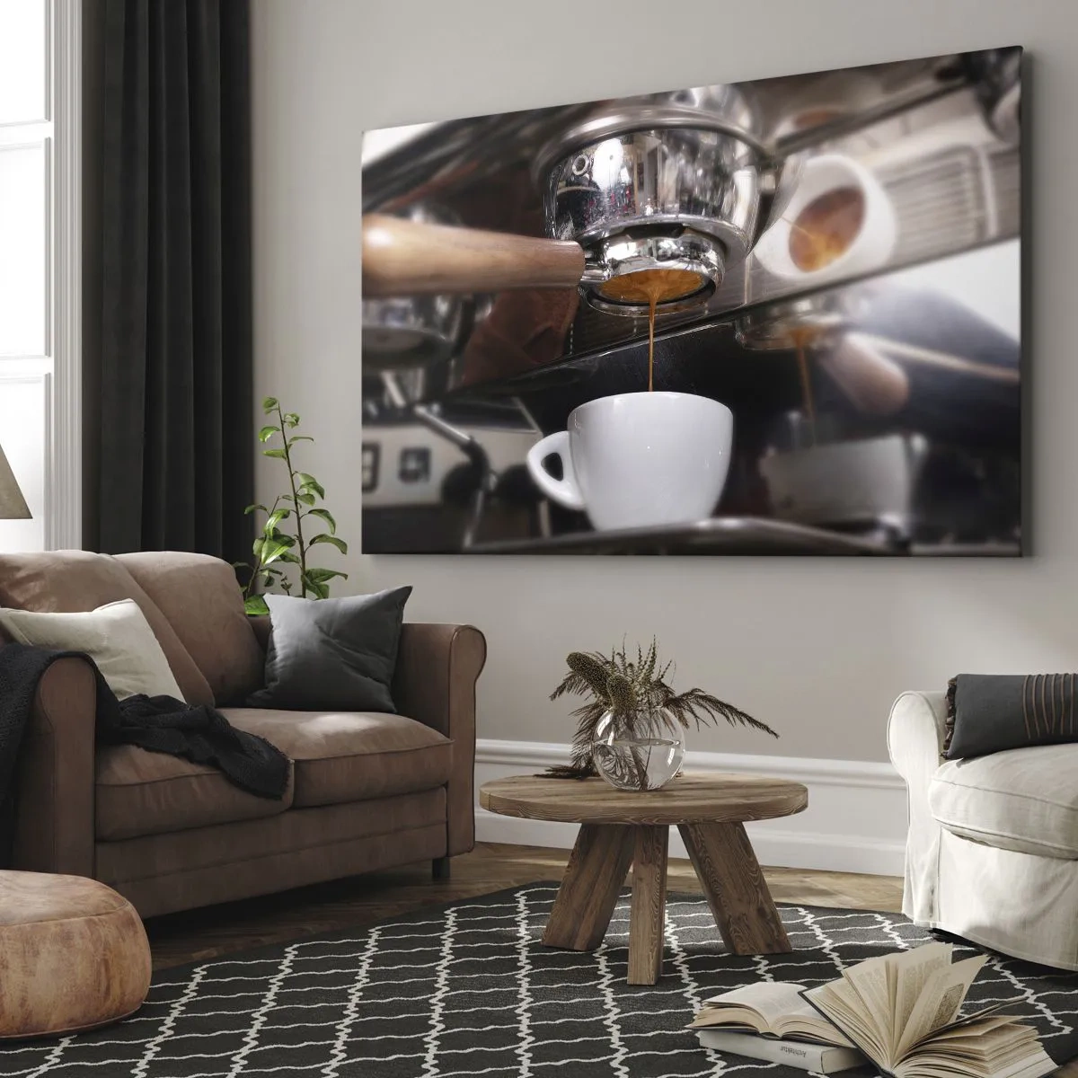 Cuadro sobre lienzo - Impresión de Imagen - Primer plano de una máquina de café preparando una dosis fresca de espresso - 70x50cm - El mejor momento del día - Decoración de pared moderna para salón y dormitorio ARTTOR