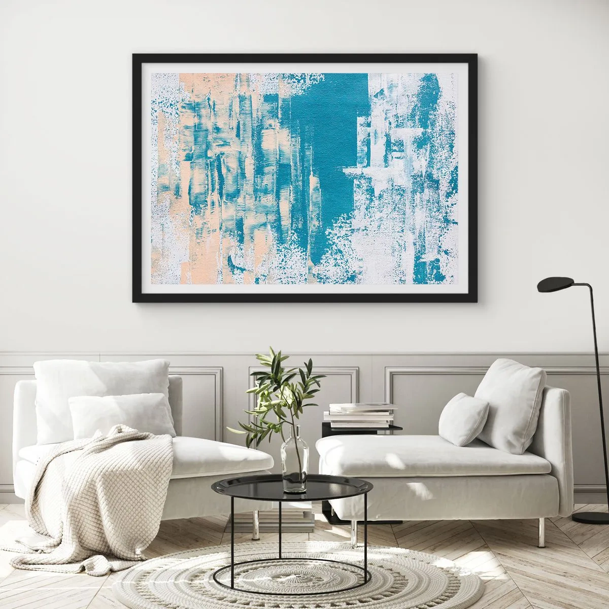 Póster en marco negro - Composición abstracta en tonos azules y blancos. - 100x70cm - A través de un carámbano - Decoración de pared moderna para salón y dormitorio ARTTOR