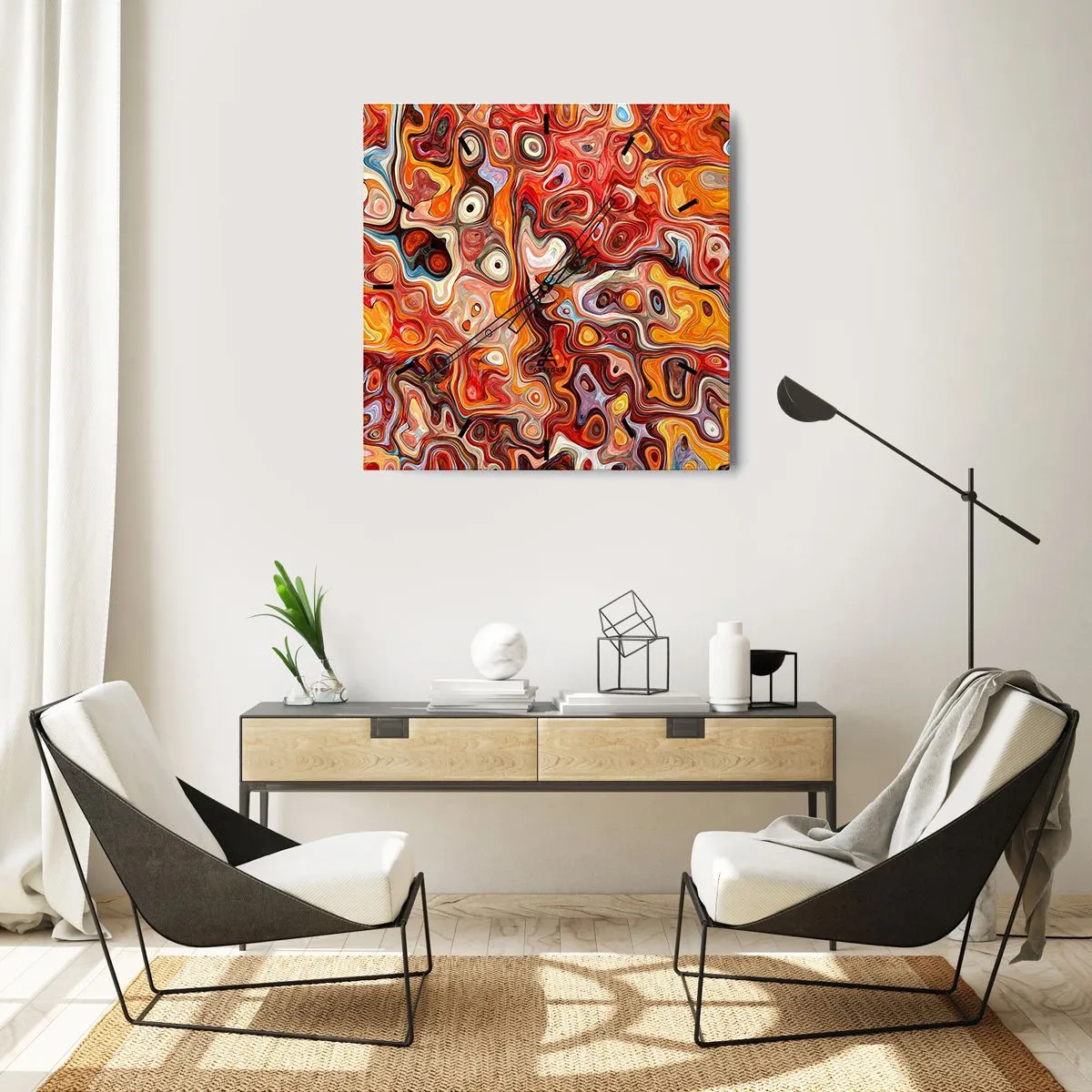 Reloj de pared - Reloj de vidrio - Una composición abstracta en tonos cálidos de rojo, naranja y amarillo. - 30x30cm - Si las nueces se derritieran en la miel - Decoración de pared moderna para salón y dormitorio ARTTOR