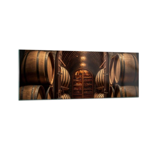 Cuadro sobre vidrio - Impresiones sobre Vidrio - Bodega con barriles de madera y estantes para vinos. - 140x50cm - Sótano atmosférico - Decoración de pared moderna para salón y dormitorio ARTTOR