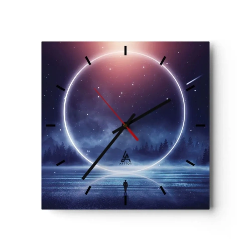 Reloj de pared - Reloj de vidrio - Un paisaje mágico con una figura y un círculo de luz por la noche. - 30x30cm - Ya están aquí... - Decoración de pared moderna para salón y dormitorio ARTTOR