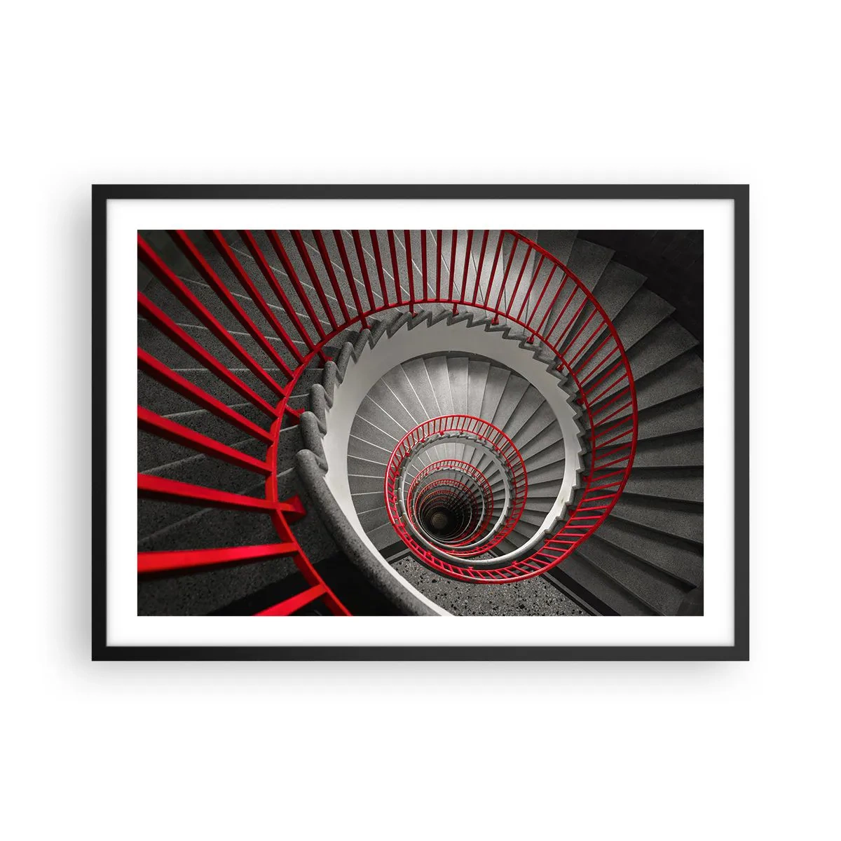 Póster en marco negro - Escalera de caracol con pasamanos rojos en perspectiva dinámica. - 70x50cm - Juegos arquitectónicos - Decoración de pared moderna para salón y dormitorio ARTTOR
