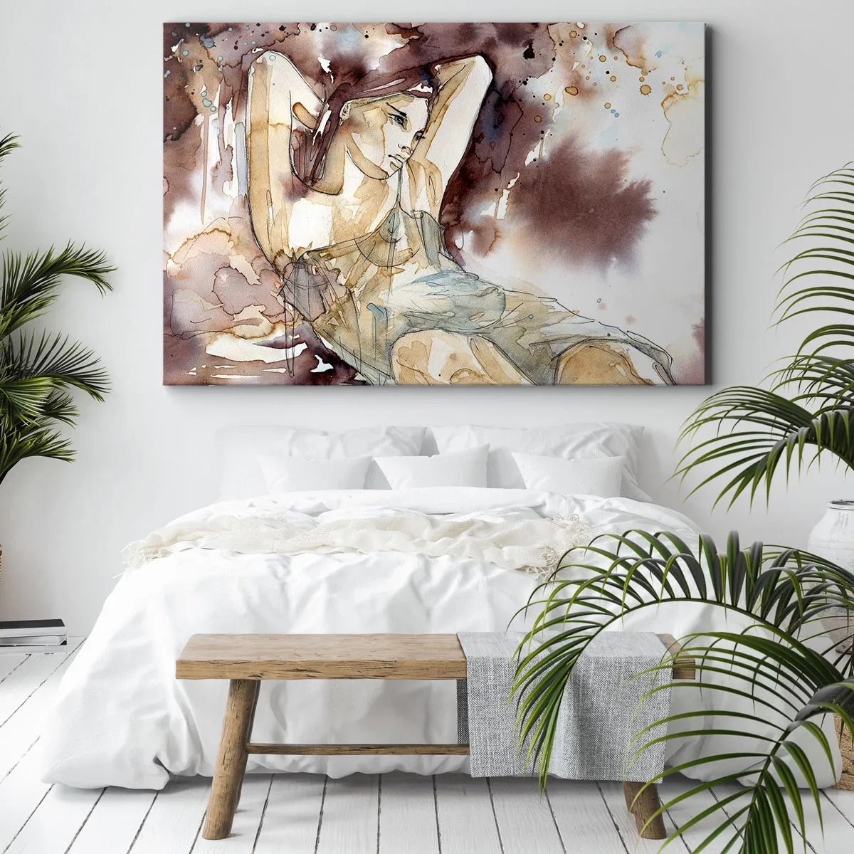 Cuadro sobre lienzo - Impresión de Imagen - Mujer en estilo artístico de acuarela con fondo marrón - 70x50cm - En un estado de ánimo armónico - Decoración de pared moderna para salón y dormitorio ARTTOR