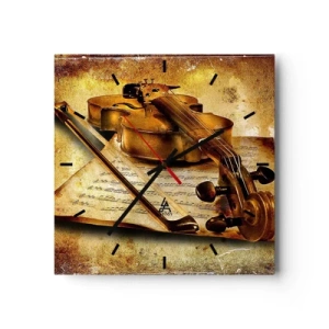 Reloj de pared - Reloj de vidrio - Un violín con partitura sobre un fondo vintage en tonos cálidos. - 30x30cm - Se necesita un virtuoso de inmediato - Decoración de pared moderna para salón y dormitorio ARTTOR