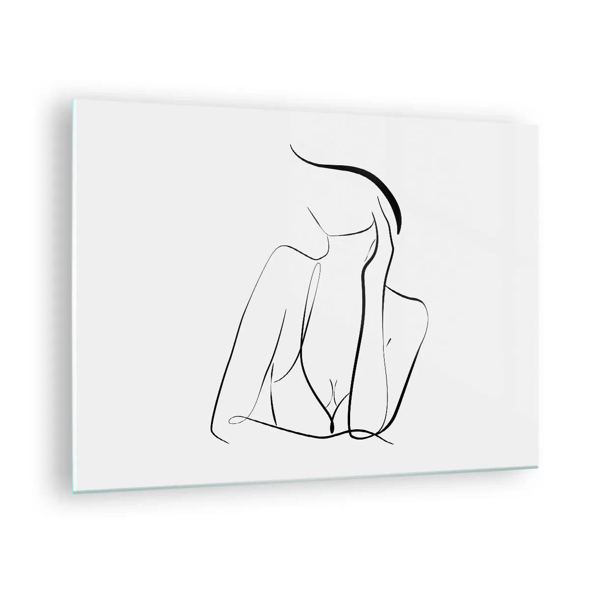 Cuadro sobre vidrio - Impresiones sobre Vidrio - Una línea simple que muestra el contorno del cuerpo en tonos de blanco y negro. - 70x50cm - En la ola de sueños - Decoración de pared moderna para salón y dormitorio ARTTOR