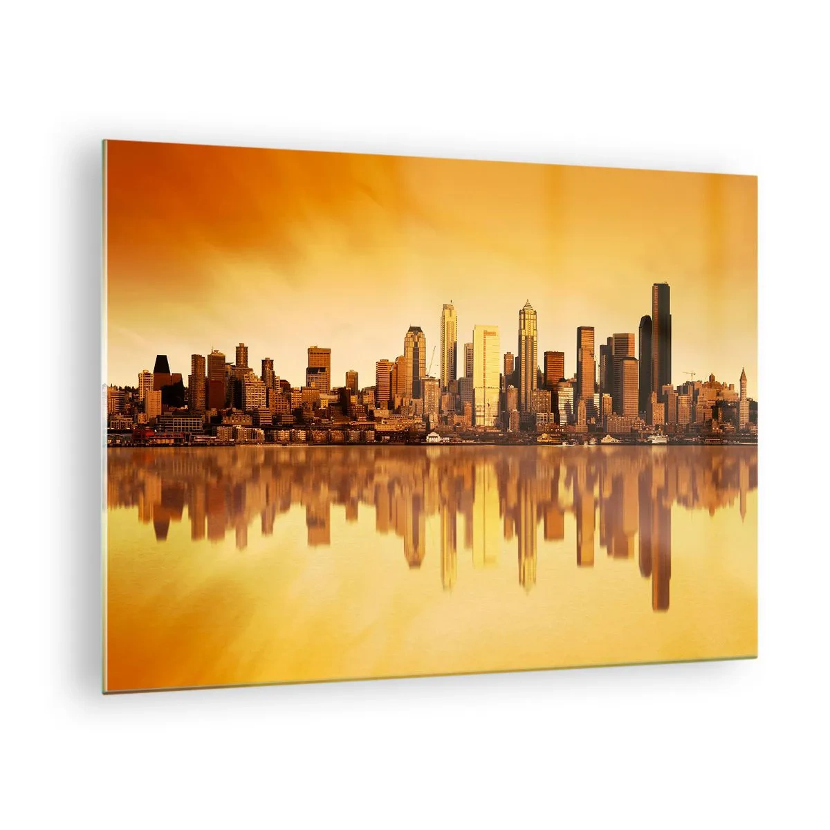 Cuadro sobre vidrio - Impresiones sobre Vidrio - Panorama de la ciudad bajo la luz dorada del atardecer. - 70x50cm - El silencio de la metrópoli - Decoración de pared moderna para salón y dormitorio ARTTOR