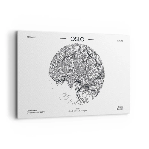 Cuadro sobre lienzo - Impresión de Imagen - Un mapa de Oslo en un estilo minimalista en blanco y negro. - 120x80cm - Anatomía de Oslo - Decoración de pared moderna para salón y dormitorio ARTTOR