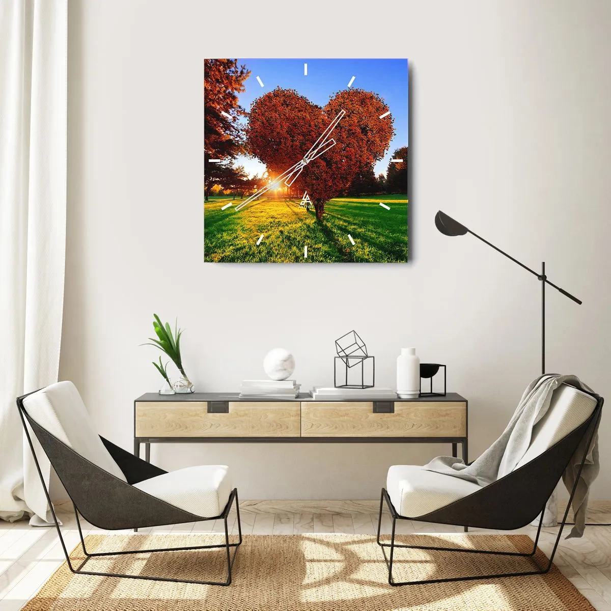Reloj de pared - Reloj de vidrio - Un árbol en forma de corazón en un paisaje otoñal. - 30x30cm - Y cómo no amar el otoño - Decoración de pared moderna para salón y dormitorio ARTTOR