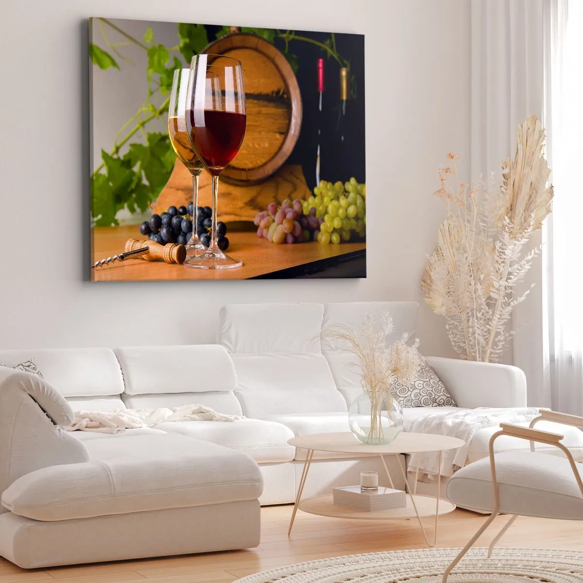 Cuadro sobre lienzo - Impresión de Imagen - Copas de vino con uvas, un barril y botellas sobre una mesa de madera - 120x80cm - Como los antiguos maestros - Decoración de pared moderna para salón y dormitorio ARTTOR