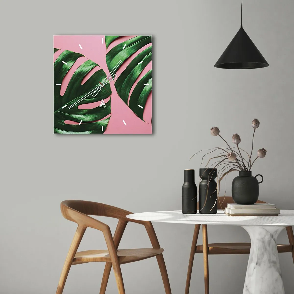 Reloj de pared - Reloj de vidrio - Hojas de monstera verde sobre un fondo rosa - 30x30cm - Cita con el verde - Decoración de pared moderna para salón y dormitorio ARTTOR
