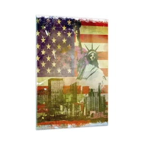 Cuadro sobre vidrio - Impresiones sobre Vidrio - Bandera de Estados Unidos con la silueta de la Estatua de la Libertad y el paisaje urbano - 50x70cm - ¡Viva América! - Decoración de pared moderna para salón y dormitorio ARTTOR