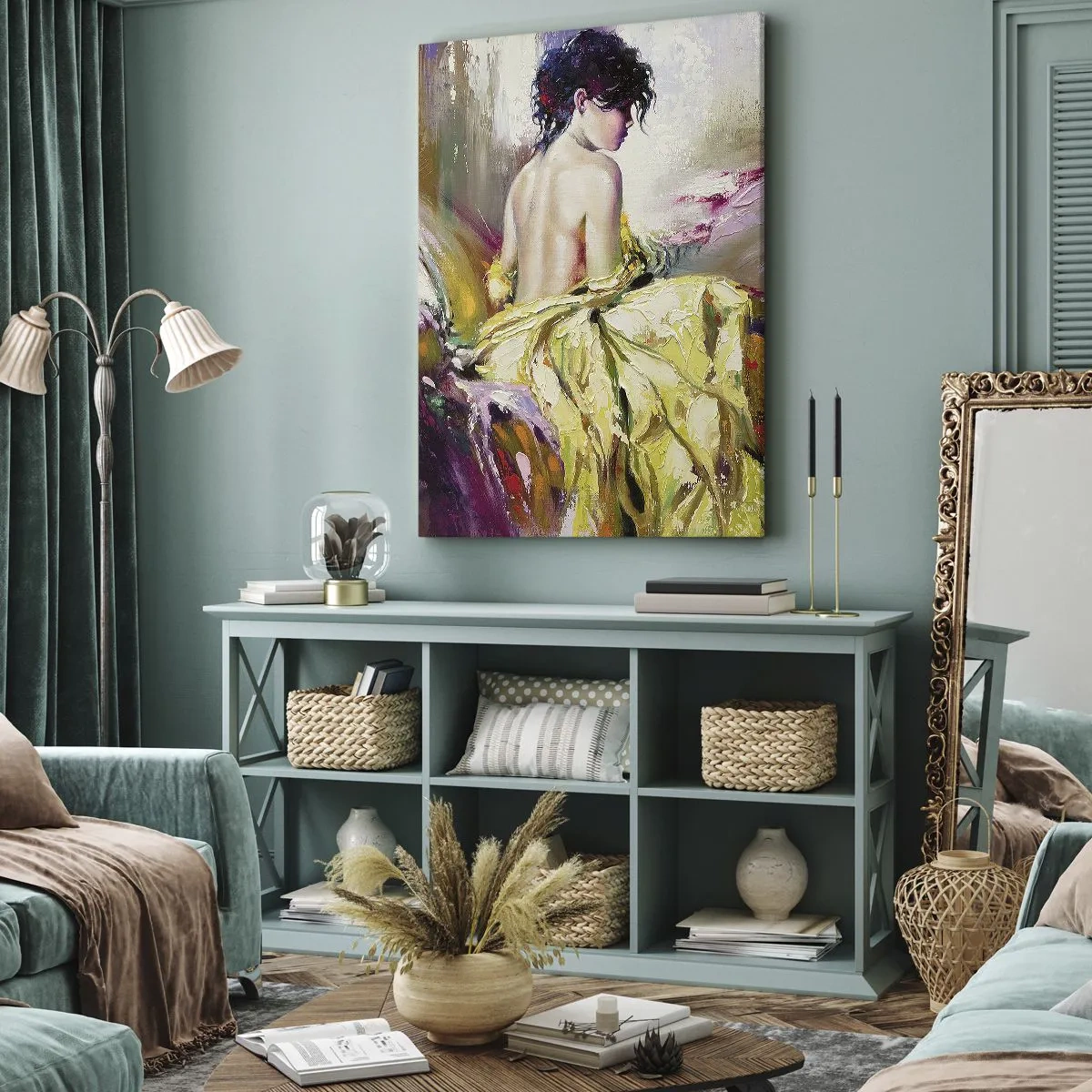 Cuadro sobre lienzo - Impresión de Imagen - Una escena pictórica de una mujer en una cama en una atmósfera romántica. - 50x70cm - La hermosura y frescura de la flor - Decoración de pared moderna para salón y dormitorio ARTTOR