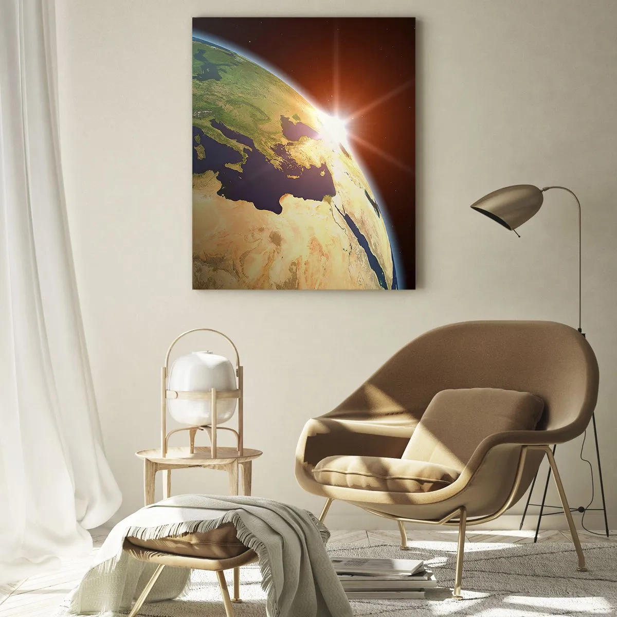 Cuadro sobre vidrio - Impresiones sobre Vidrio - Vista de la Tierra desde el espacio con rayos de sol en el horizonte - 70x100cm - Amanecer - Decoración de pared moderna para salón y dormitorio ARTTOR