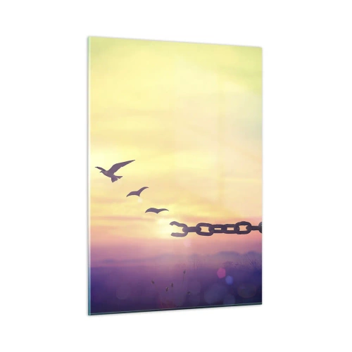 Cuadro sobre vidrio - Impresiones sobre Vidrio - Pájaros en vuelo con el telón de fondo de una cadena y una puesta de sol. - 50x70cm - Victoria de la libertad - Decoración de pared moderna para salón y dormitorio ARTTOR