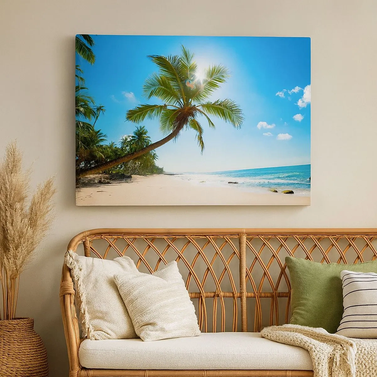 Cuadro sobre lienzo - Impresión de Imagen - Una playa con palmeras en un paisaje tropical. - 70x50cm - Mi lugar privado - Decoración de pared moderna para salón y dormitorio ARTTOR