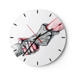 Reloj de pared - Reloj de vidrio - Manos artísticas en un apretón de manos, diseño de contorno negro y rojo. - 30x30cm - Estás en buenas manos - Decoración de pared moderna para salón, cocina y dormitorio ARTTOR