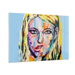 Cuadro sobre vidrio - Impresiones sobre Vidrio - Un retrato colorido de una mujer con expresión pensativa. - 100x70cm - Mírala a los ojos - Decoración de pared moderna para salón y dormitorio ARTTOR