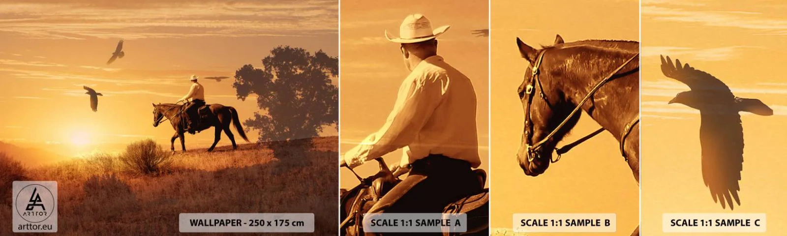Muestra de fotomural autoadhesivo Deluxe Sticker - Solo a través de la pradera - Caballo, Vaquero, Paisaje - 100x30 cm