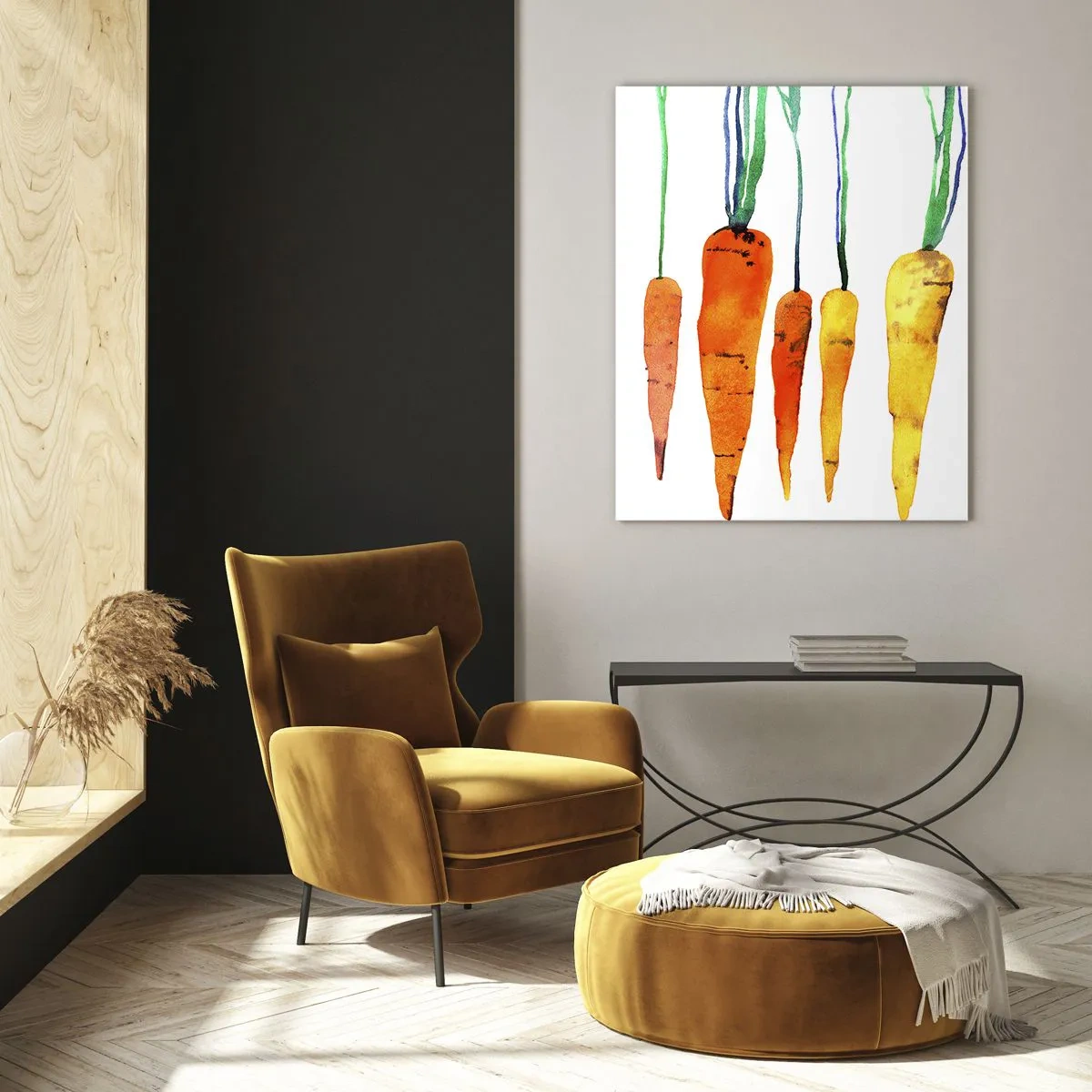 Cuadro sobre vidrio - Impresiones sobre Vidrio - Zanahorias de acuarela en diferentes tonos sobre un fondo blanco. - 80x120cm - La belleza de lo ordinario - Decoración de pared moderna para salón y dormitorio ARTTOR