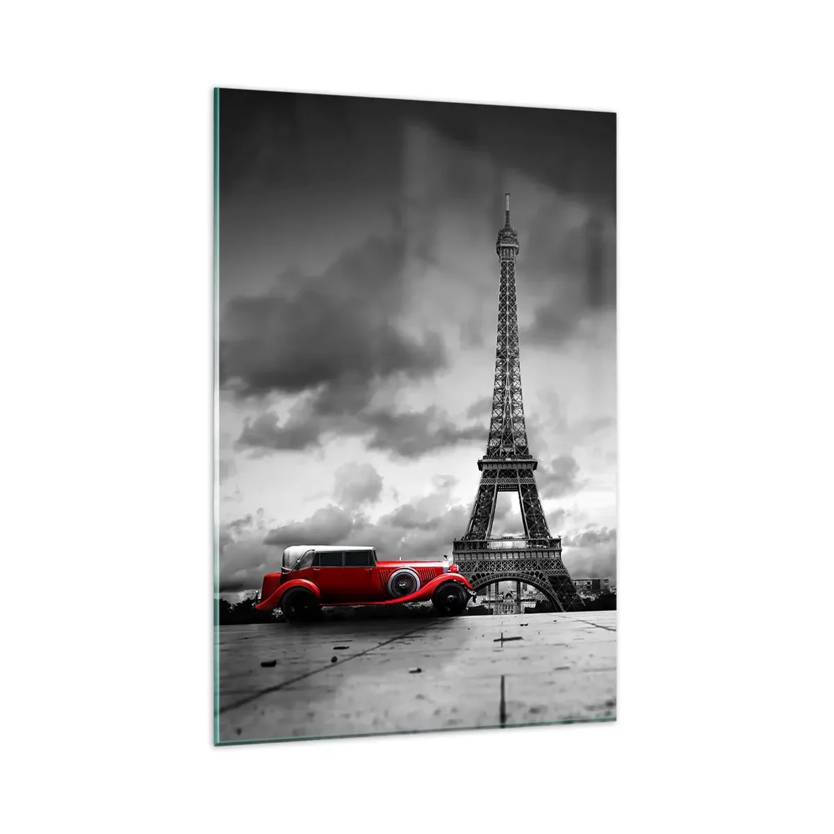 Cuadro sobre vidrio - Impresiones sobre Vidrio - Coche retro rojo frente a la Torre Eiffel en blanco y negro - 80x120cm - No hace mucho tiempo, en París - Decoración de pared moderna para salón y dormitorio ARTTOR