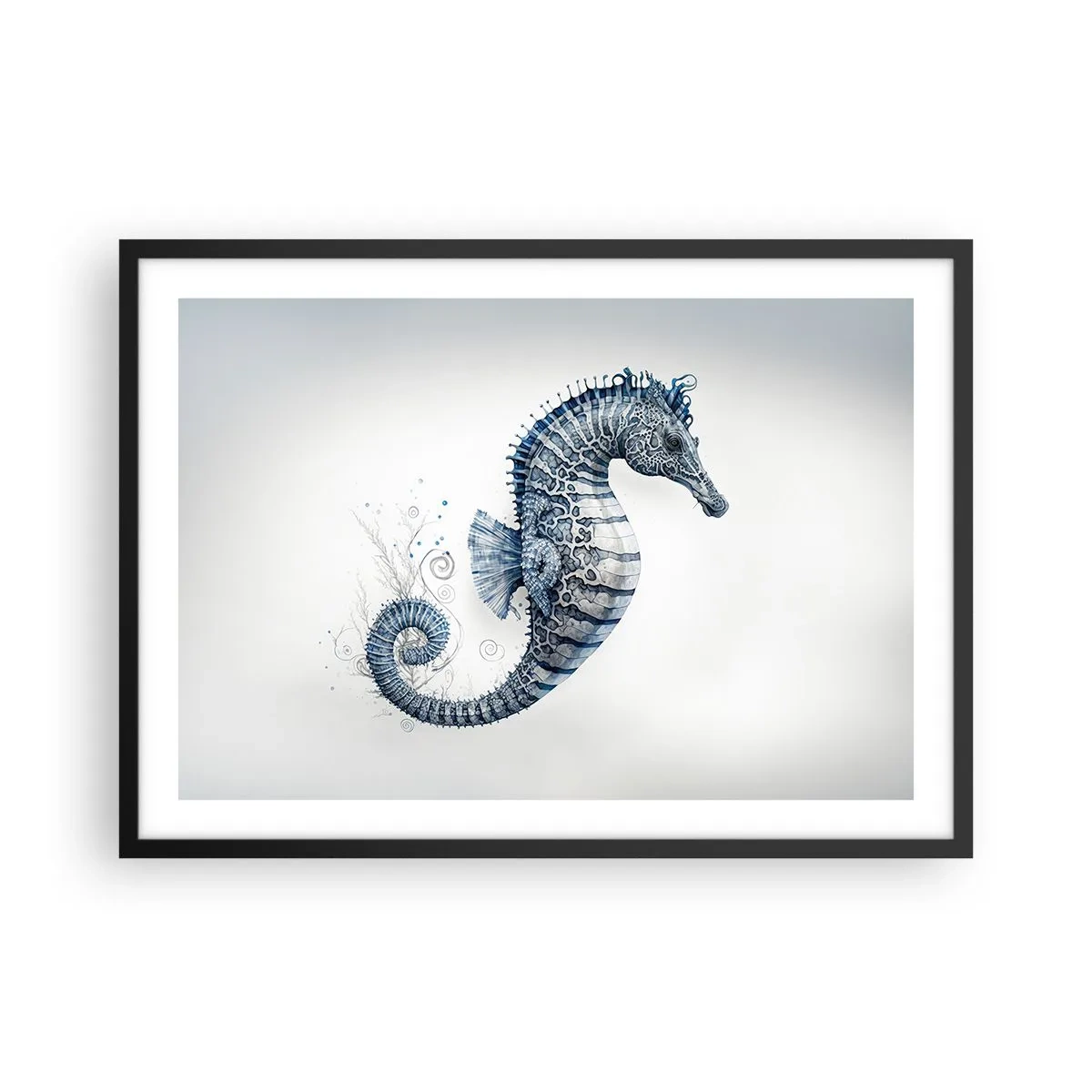 Póster en marco negro - Caballito de mar en tonos azules con detalles de acuarela - 70x50cm - Una sutil broma de la naturaleza - Decoración de pared moderna para salón y dormitorio ARTTOR