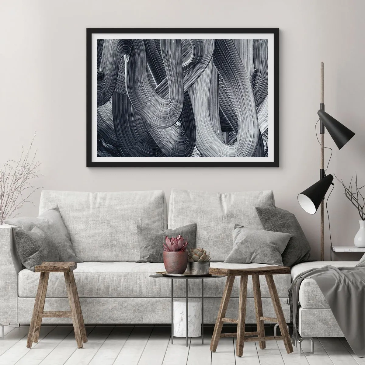 Póster en marco negro - Abstracción en blanco y negro con pinceladas dinámicas. - 70x50cm - La fluidez de la realidad - Decoración de pared moderna para salón y dormitorio ARTTOR