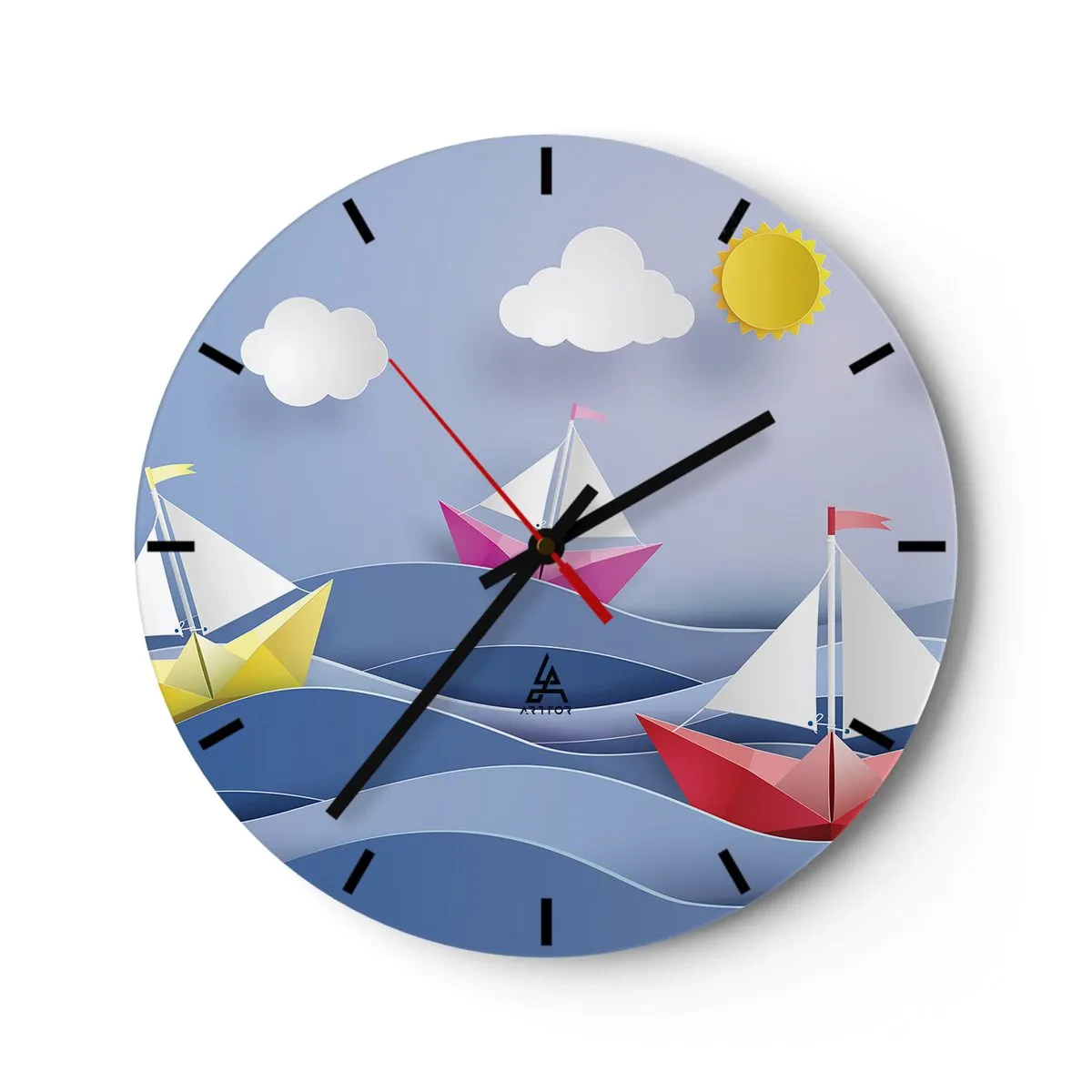 Reloj de pared - Reloj de vidrio - Barquitos de papel sobre las olas en un día soleado - 30x30cm - Oh, qué agradable es balancearse entre las olas - Decoración de pared moderna para salón, cocina y dormitorio ARTTOR