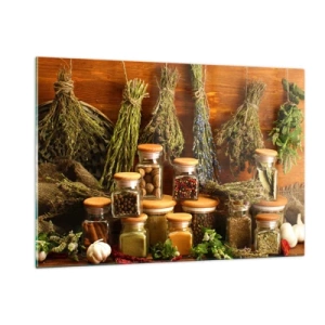 Cuadro sobre vidrio - Impresiones sobre Vidrio - Hierbas y especias en frascos sobre un fondo de madera. - 120x80cm - La magia de la cocina - Decoración de pared moderna para salón y dormitorio ARTTOR