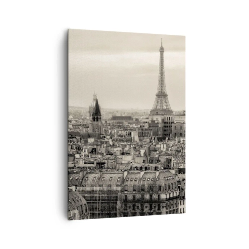 Cuadro sobre lienzo - Impresión de Imagen - Panorama de París con la Torre Eiffel en tonos sepia - 70x100cm - Sobre los tejados de París - Decoración de pared moderna para salón y dormitorio ARTTOR