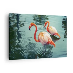 Cuadro sobre lienzo - Impresión de Imagen - Dos flamencos en el agua tranquila reflejando su entorno. - 70x50cm - Estamos de moda - Decoración de pared moderna para salón y dormitorio ARTTOR