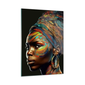 Cuadro sobre vidrio - Impresiones sobre Vidrio - Retrato de una mujer con pintura colorida y turbante. - 50x70cm - Reina africana - Decoración de pared moderna para salón y dormitorio ARTTOR