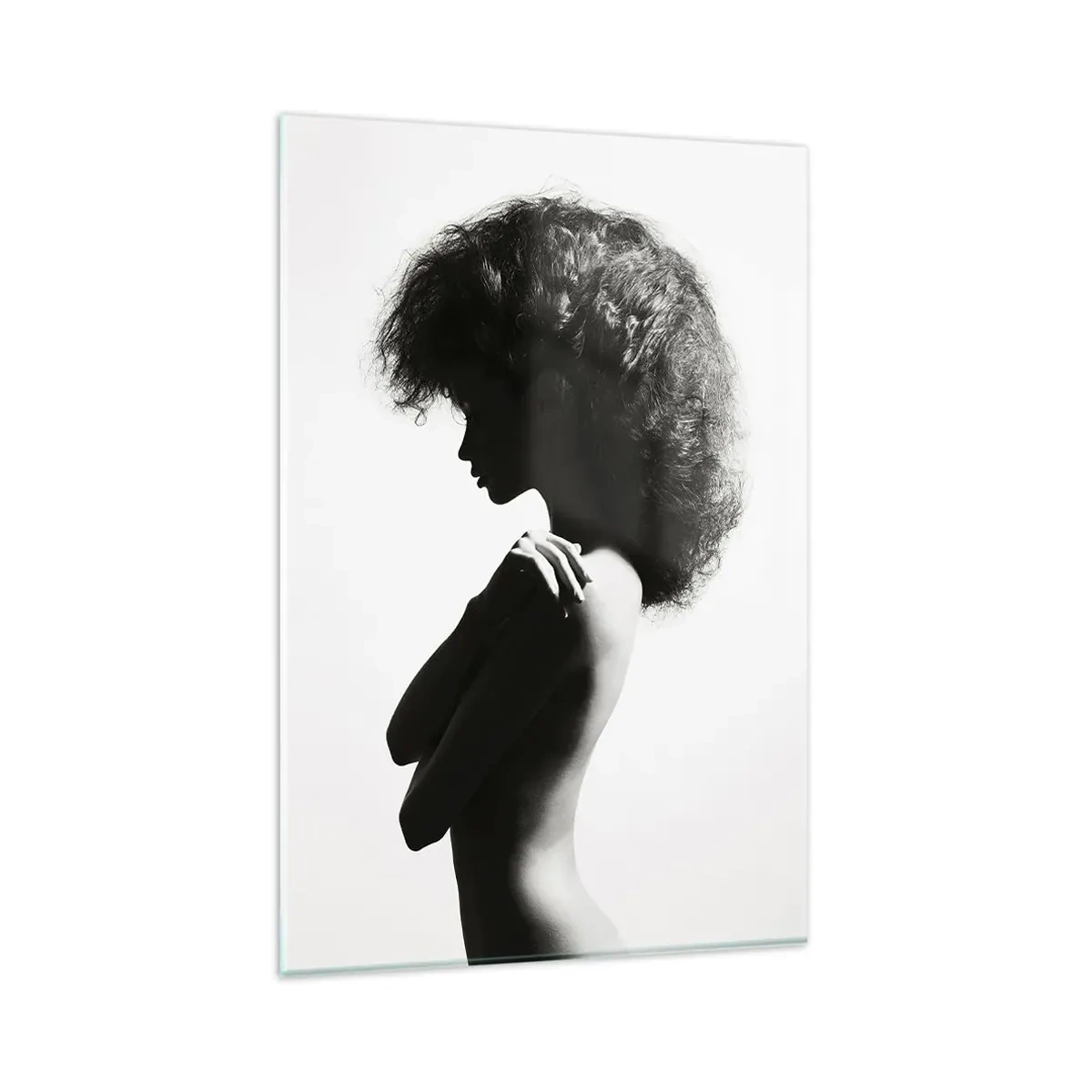 Cuadro sobre vidrio - Impresiones sobre Vidrio - Una silueta sutil de una mujer en tonos blanco y negro sobre un fondo claro. - 80x120cm - Como una flor en un tallo delgado - Decoración de pared moderna para salón y dormitorio ARTTOR