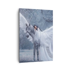 Cuadro sobre lienzo - Impresión de Imagen - Una mujer en un caballo blanco con alas en un bosque mágico. - 70x100cm - Un momento de inspiración - Decoración de pared moderna para salón y dormitorio ARTTOR