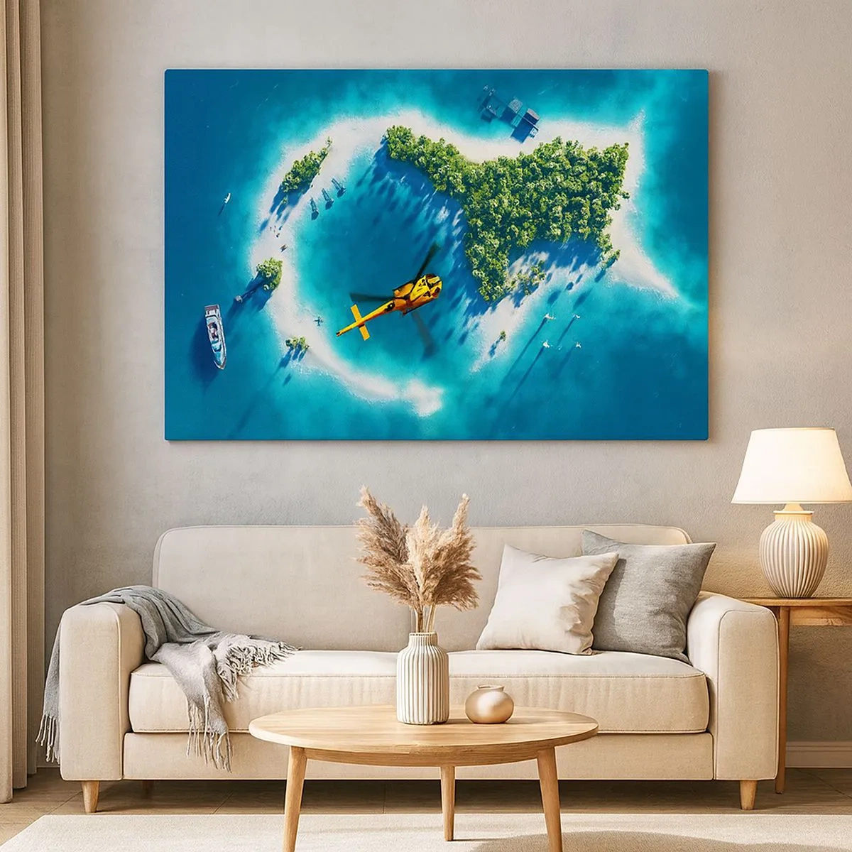 Cuadro sobre lienzo - Impresión de Imagen - Una isla tropical rodeada de agua turquesa con un helicóptero a la vista. - 70x50cm - Cómprate una isla - Decoración de pared moderna para salón y dormitorio ARTTOR